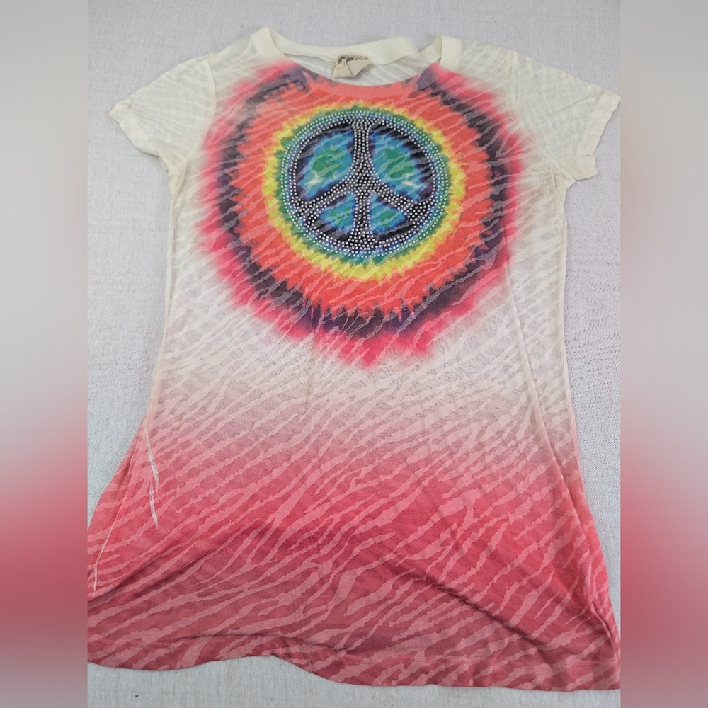 Vocal Groovy Peace Sign Tie-Dye Cap Sleeve Blouse With Embellishments XL